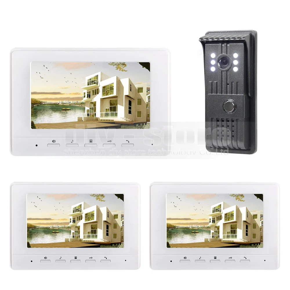 

DIYSECUR 7inch Video DoorPhone Doorbell Intercom Metal Shell Camera LED Color Night Vision 3 Monitors White