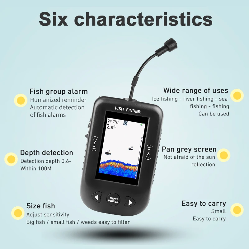 ترقية Xf02-C المحمولة صياد السمك 9 M كابل السونار إنذار 0.6-100 M عمق Fishfinder الاستشعار سونار الملونة sc