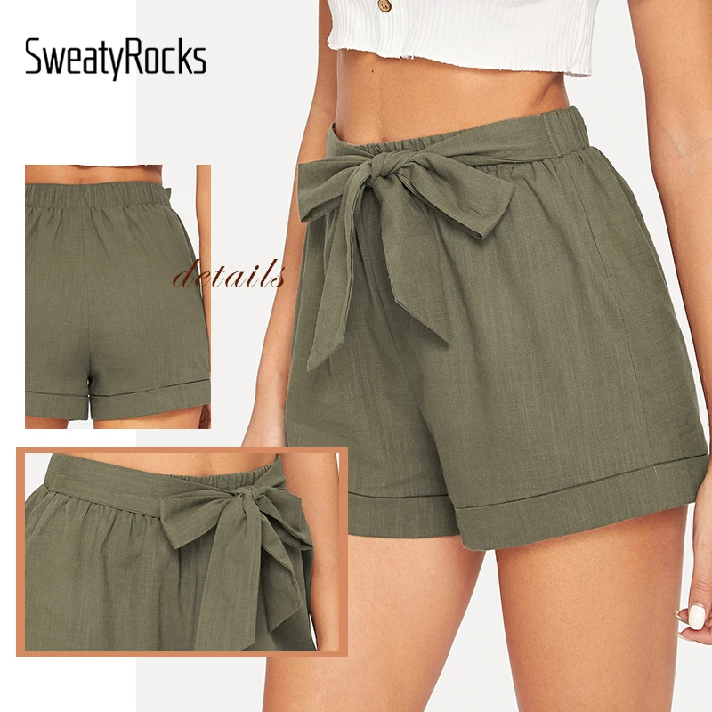 SweatyRocks завязывается поясом с эластичной резинкой на талии, шорты с карманами Для женщин уличная Повседневное прямые шорты летние Для женщин s шорты из плотной ткани