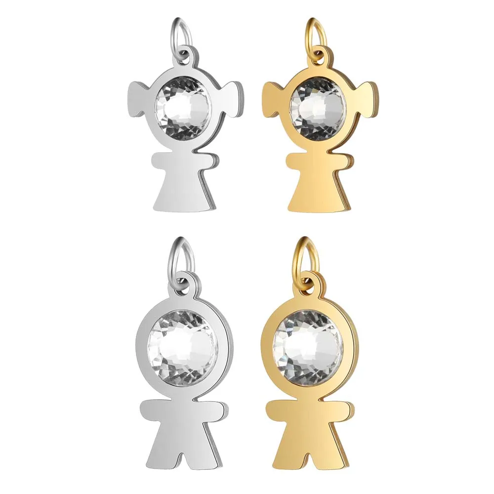 Full Polished Stainless Steel Crystal Boy and Girl Charm Pendants for