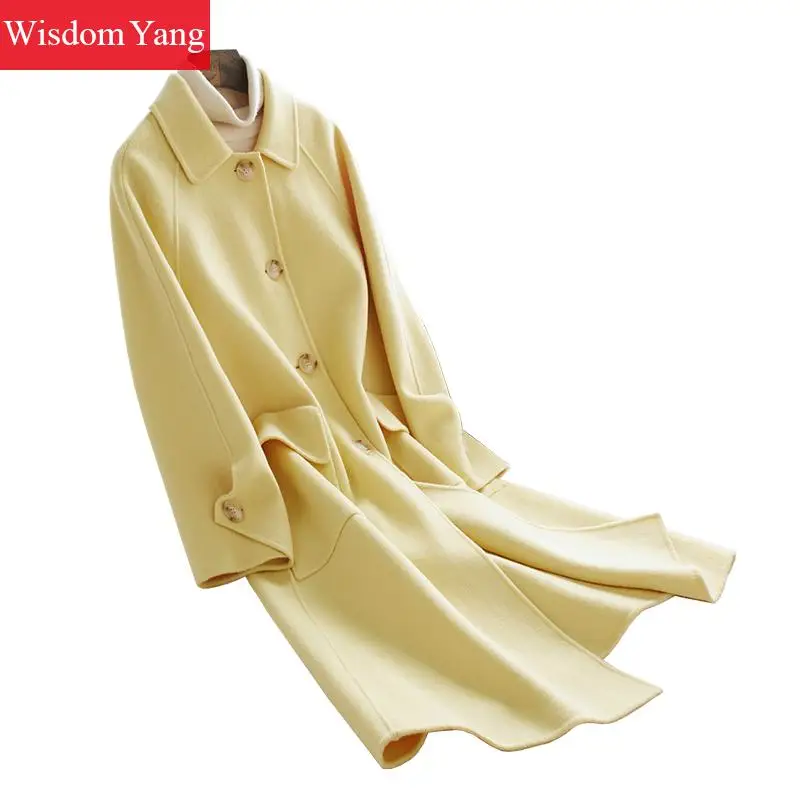 

Winter Yellow Real Sheep Wool Fleece Coat Womens Oversize Loose Ladies Long Slim Coat Woolen Outerwear Overcoat Woollen Coats