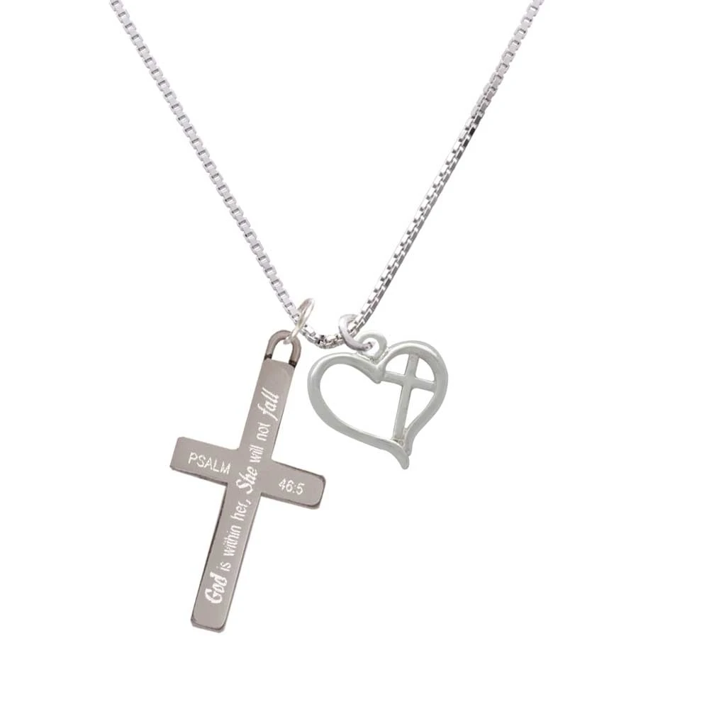 Heart Outline with diagonal Cross - She will not Fall - Cross Necklace