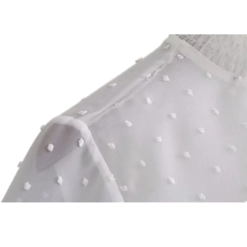 Mujeres blanco Blusa de gasa Polka Dot camisa soporte collar cuello elástico cuff hem Ladies Basic Top manga larga ropa mujer blusas