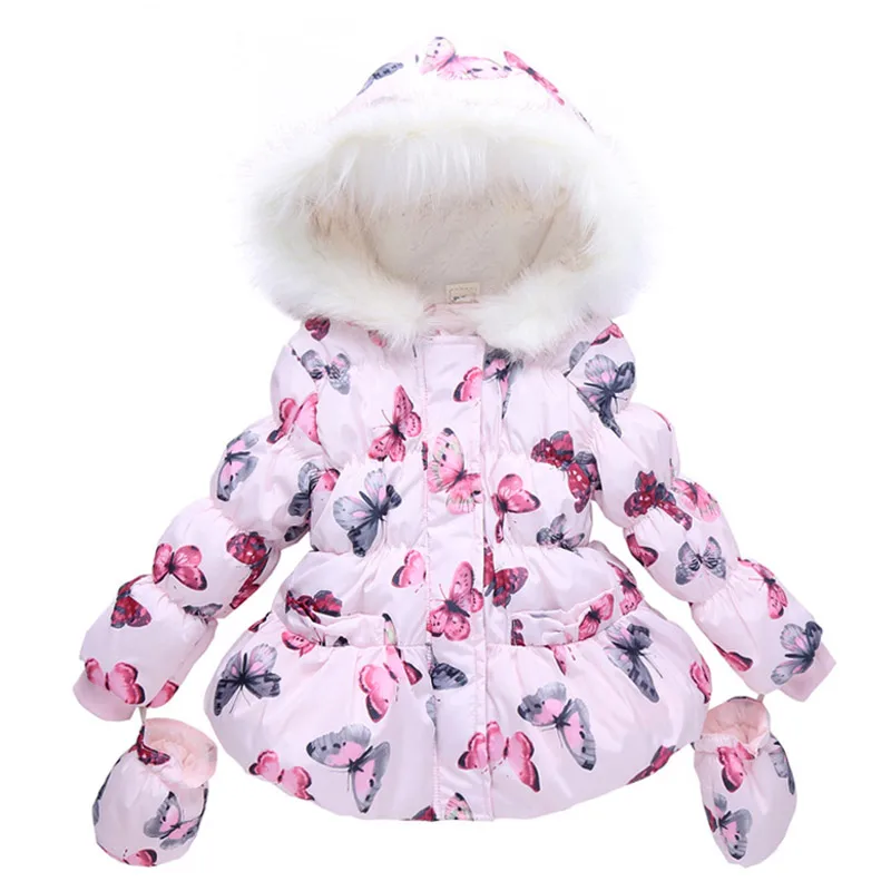 Детский зимний свитер/детское пуховое пальто светильник удобные Утепленная одежда верхняя одежда для девочек утепленная меховой воротник пуховик для малышей, Куртка Верхняя одежда - Цвет: Pink Butterfly