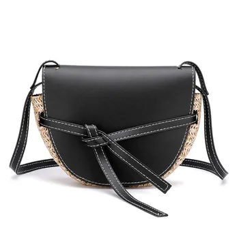 

Simple Handmade Straw Cross Body Bags 2019 New Patchwork Color Bow Lace-Up Shoulder Bags pu Leather Messenger Bag handbags A1