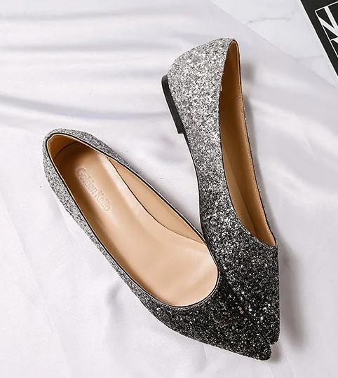 Женские блестящие туфли на плоской резиновой подошве с острым носком, расшитые блестками; цвет черный, белый, серый; свадебные туфли на плоской подошве; большие размеры 15, 45, 34 - Цвет: grey