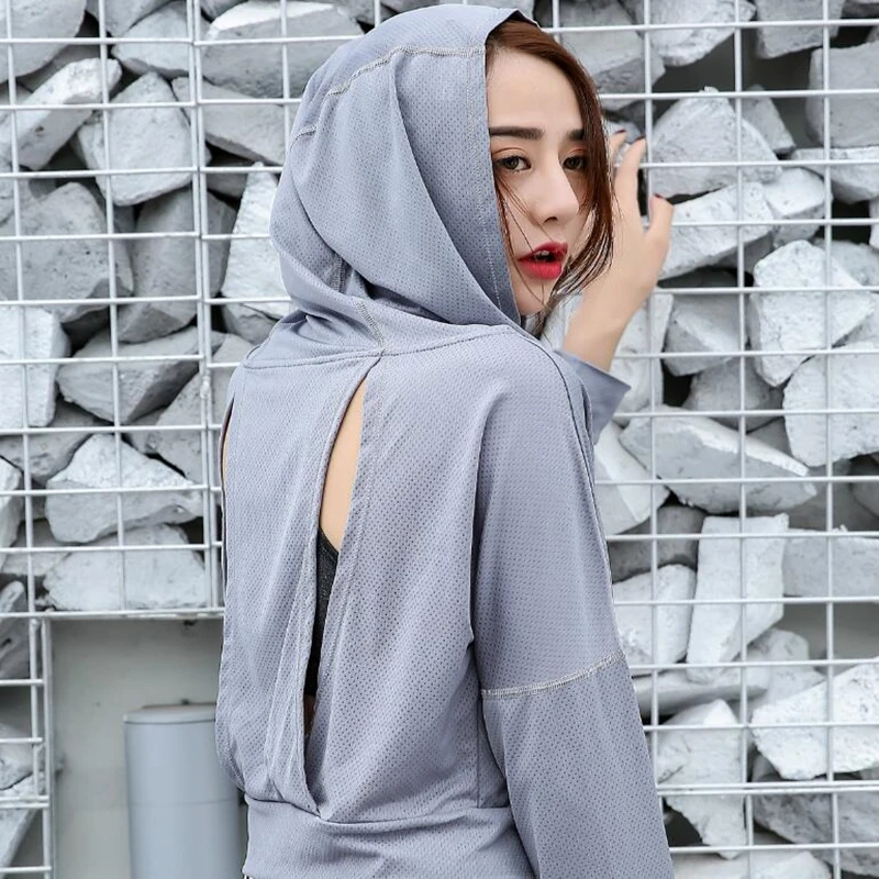 Women's yoga wear hoodie T shirt Fitness clothing hollow Hoodie loose