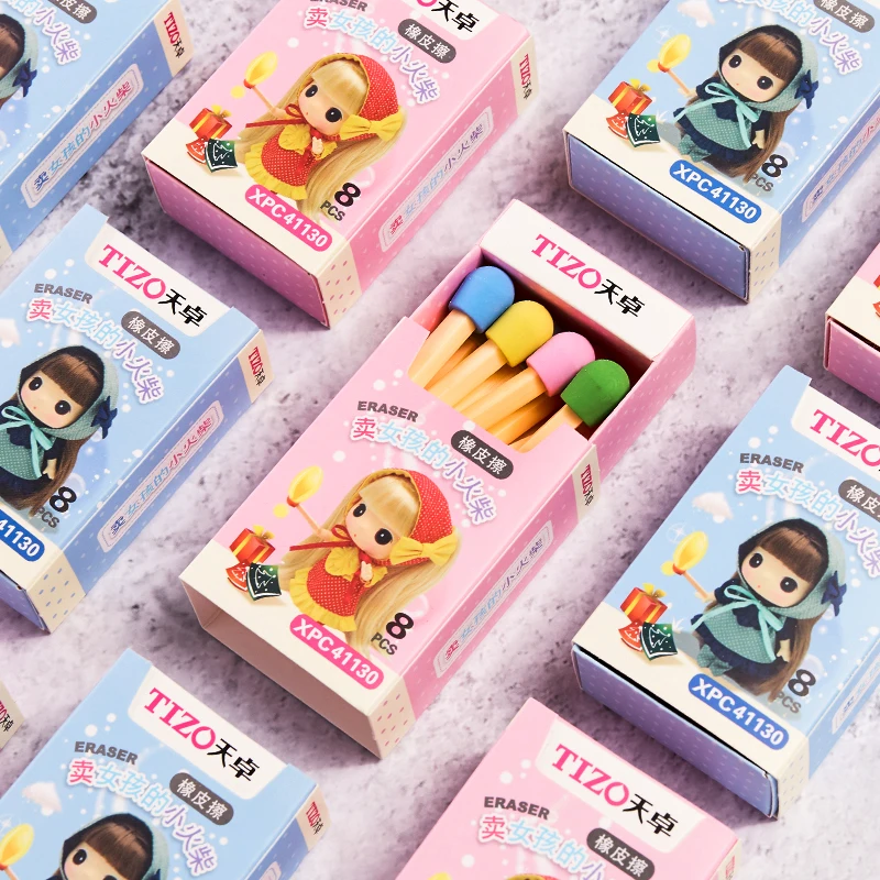 

8 Pcs/box Cute Kawaii Creative Funny Matches Girl Pencil Erasers Office School Supplies Stationery Kids Students