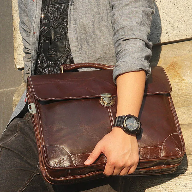 Cheap  New Classic Vintage genuine leather Men's Briefcase Laptop Bag High Quality men Messenger Bag handb