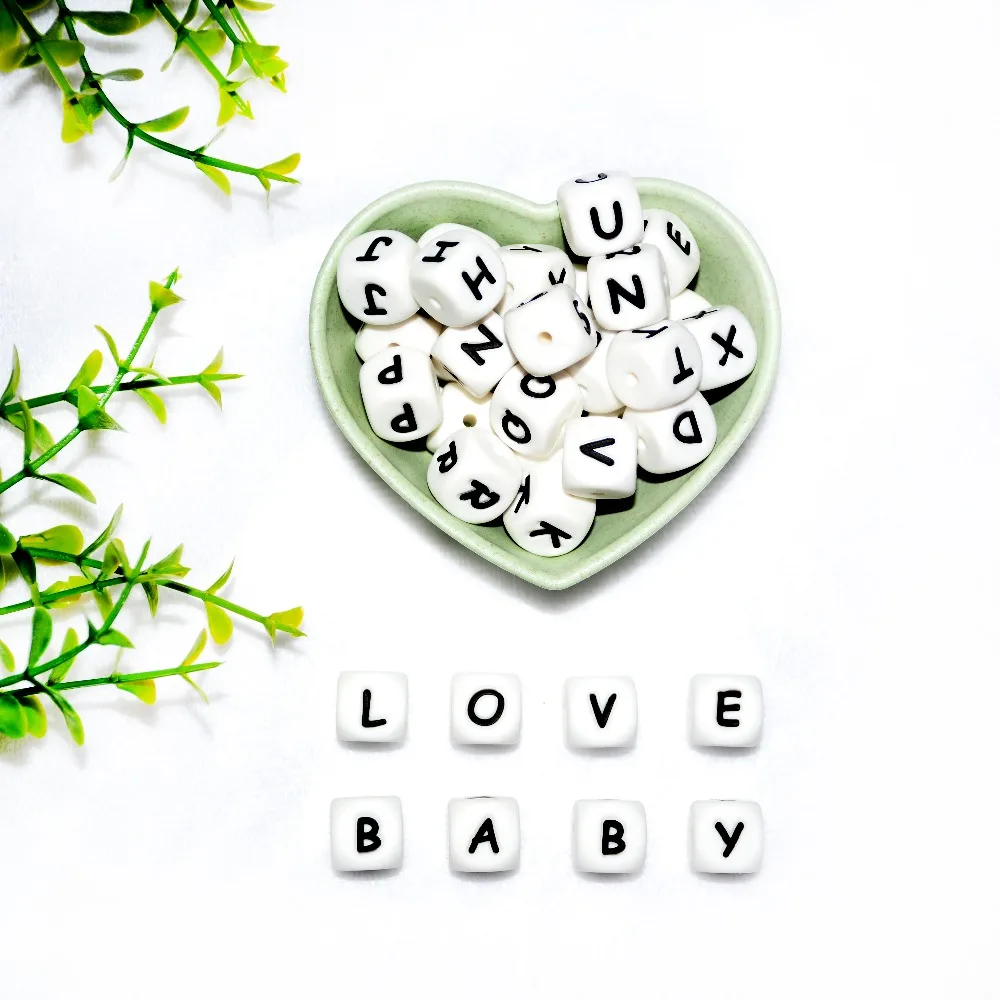 

Happyfriends 10pcs 12mm Personalized Food Grade BPA Free Silicone Baby Chew Alphabet Teether Beads for DIY Teething Necklace