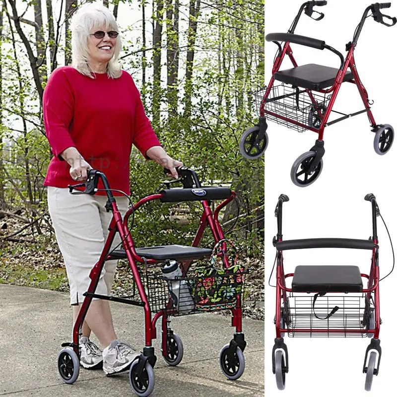 Folding Walk Aid Stick Rollator Backrest Walking Chair Stool Walker