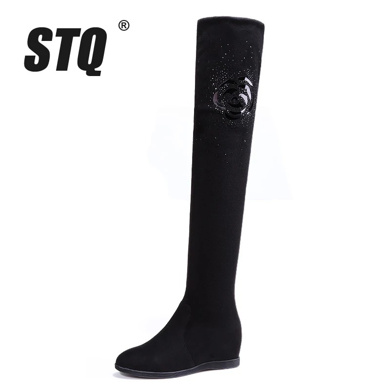 STQ/; зимние женские сапоги; женские теплые сапоги из искусственной замши и плюша; Сапоги выше колена; зимние сапоги на платформе и высоком каблуке со шнуровкой