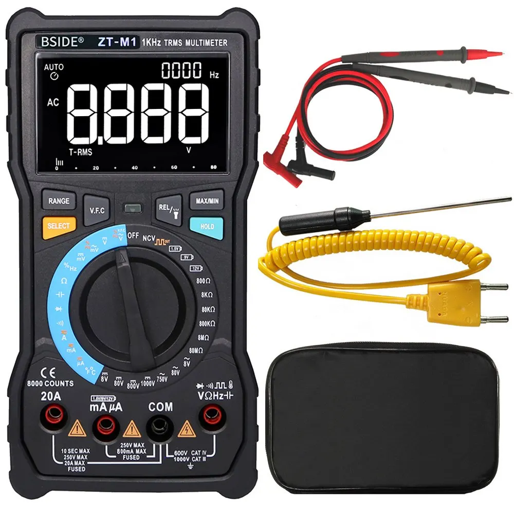 

BSIDE ZT-M1 Auto/Manual Digital Multimeter TRMS 8000 3-Line Display VFC Tester AC and DC Voltage Current Temperature Frequency