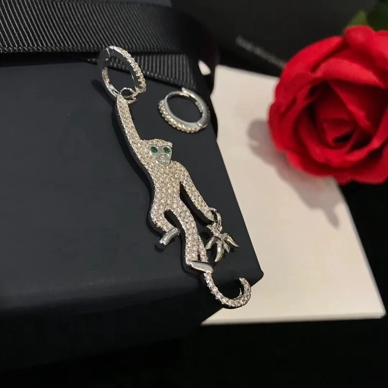 

HG Hot Copper Zircon Animal Jungle Monkey Stud Earring Women Wedding Asymmetry Animal Lucky AP Earring 925 Silver Ear Pin