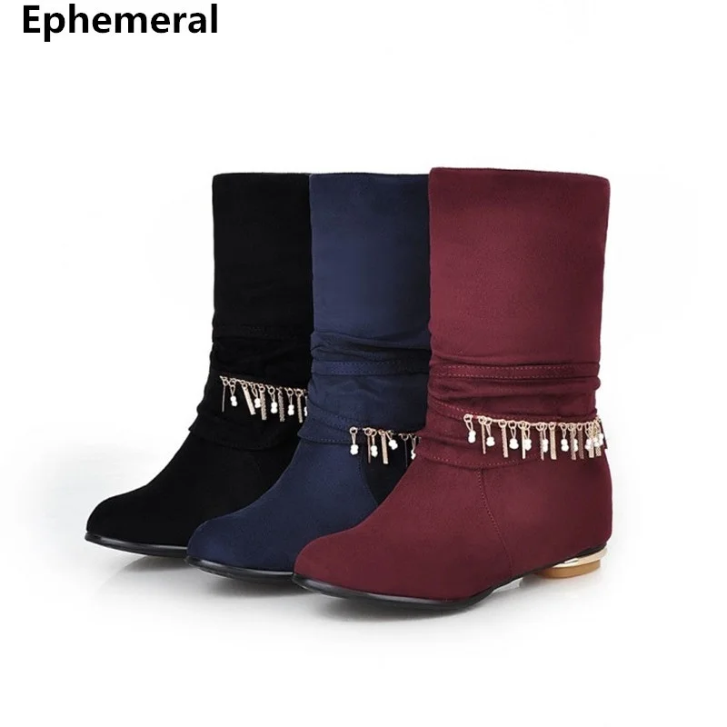 

2018 Short Plush Boots Women Shoes Round toe Winter Botas Mujer Mid -Calf Booty Slip-Ons Warm Black Wine Blue Plus Size 43-34