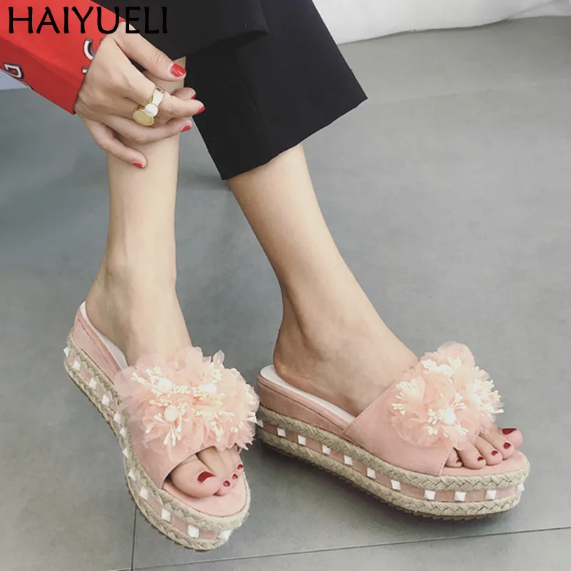 Pink Wedge Shoes Fashion Flowers Sandals Platform Wedges Sandals Summer