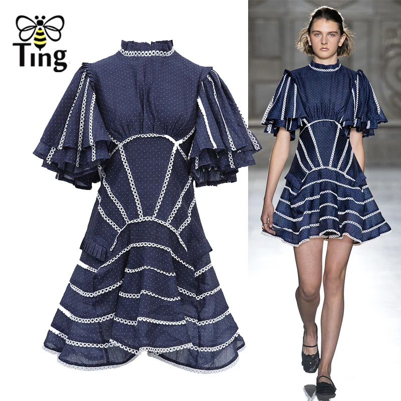 

Tingfly 2019 Runway Designer Style Polka Dot Ruffles Short Sleeve Mini Dress Sexy Backless Party Dresses Lace Patchwork Vestidos