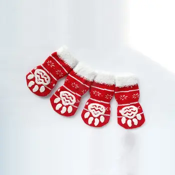 

4pcs / set Warm Sock Indoor Skid Bottom Dog Socks Pet Dog Soft Cotton Anti-slip Knit Weave Green Christmas Tree