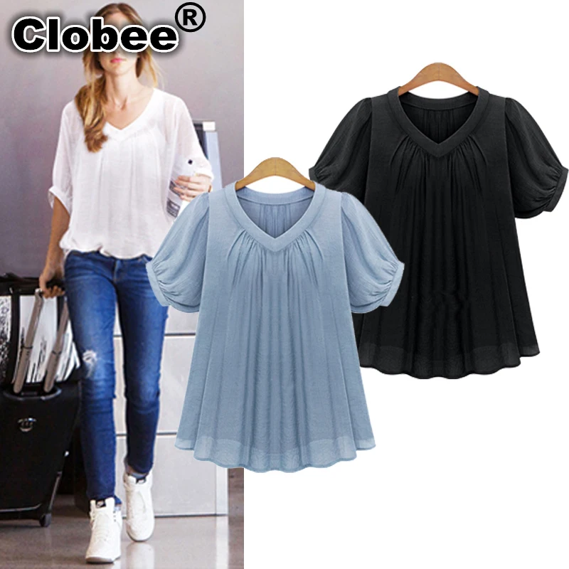 

Women Chiffon Blouse 2019 Summer Style Plus Size Loose Pleated Black And Blue Color Blusas Chiffon Short Sleeve Casual Tops Sale