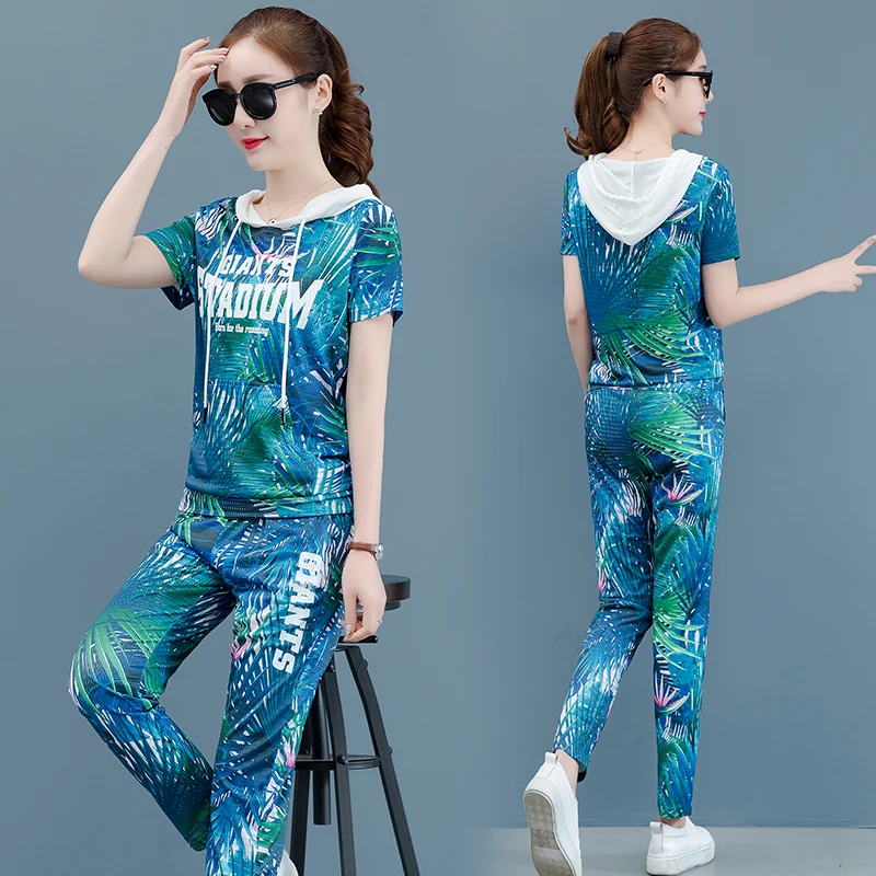 

Woman Two Piece Outfit Set Co-ord 2019 Summer Tracksuits for Women Plus Size Hooded Top and Pants Suits Print Navy Blue Clothing