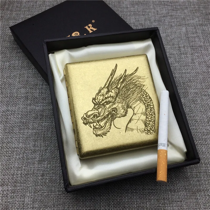 

MR.K HD203 Dragon Totem Yellow Metal Portable 20 Cigarette Case Brass Cigarette Box Smoking Accessory Laser Carved Forever