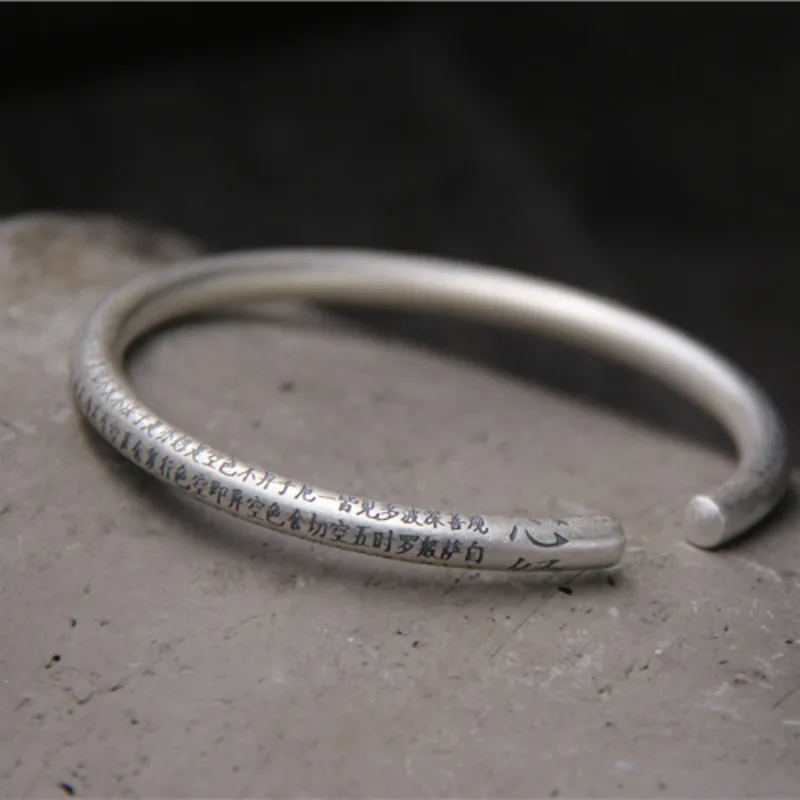 

Handmade 999 Sterling Silver Carved THE HEART OF PRAJNA PARAMITA SUTRA Bangles For Men Women om mani padme hum Bangle Jewelry