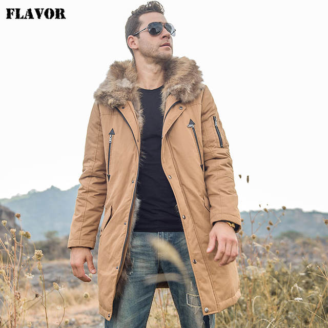 FLAVOR Men’s Down Jacket Men Real Fur Parka with Removable Raccoon Fur Liner Hood Winter Long Warm Down Coat