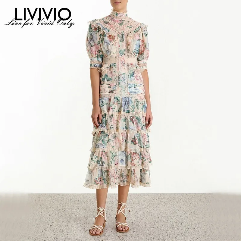 

[LIVIVIO] ZIM Floral Print Patchwork Lace Ruffle Long Dress 2019 Summer Puff Sleeve Ladies Elegant Dresses Women Fashion Clothes