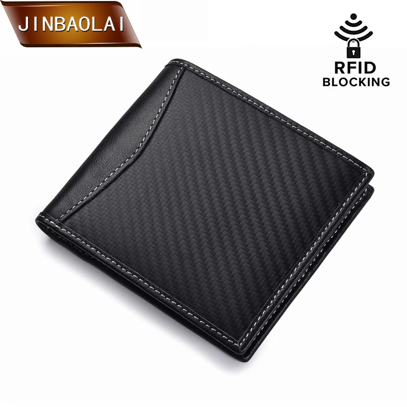 

JINBAOLAI Rfid Wallet Men Genuine Leather Wallets Carbon Fiber Design Slim Credit Cards Holder Front Pocket Bifold Wallet Purses