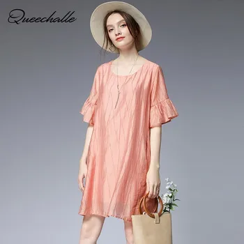 

2020 Summer Dress Pink Sweet Butterfly Sleeve Loose A-line Dress Elegant Midi Dress Women XL XXL XXXL 4XL Plus Size Dress Party