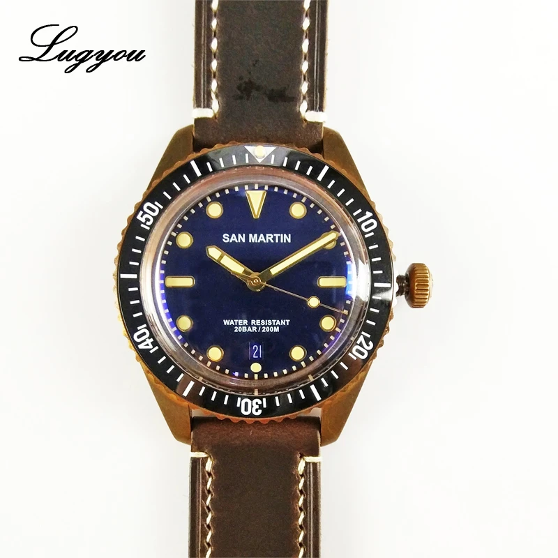 

Lugyou San Martin Vintage Watch for Men Bronze Matte Automatic ETA 2824 Sapphire Ceramic Bezel Black Leather Luminous