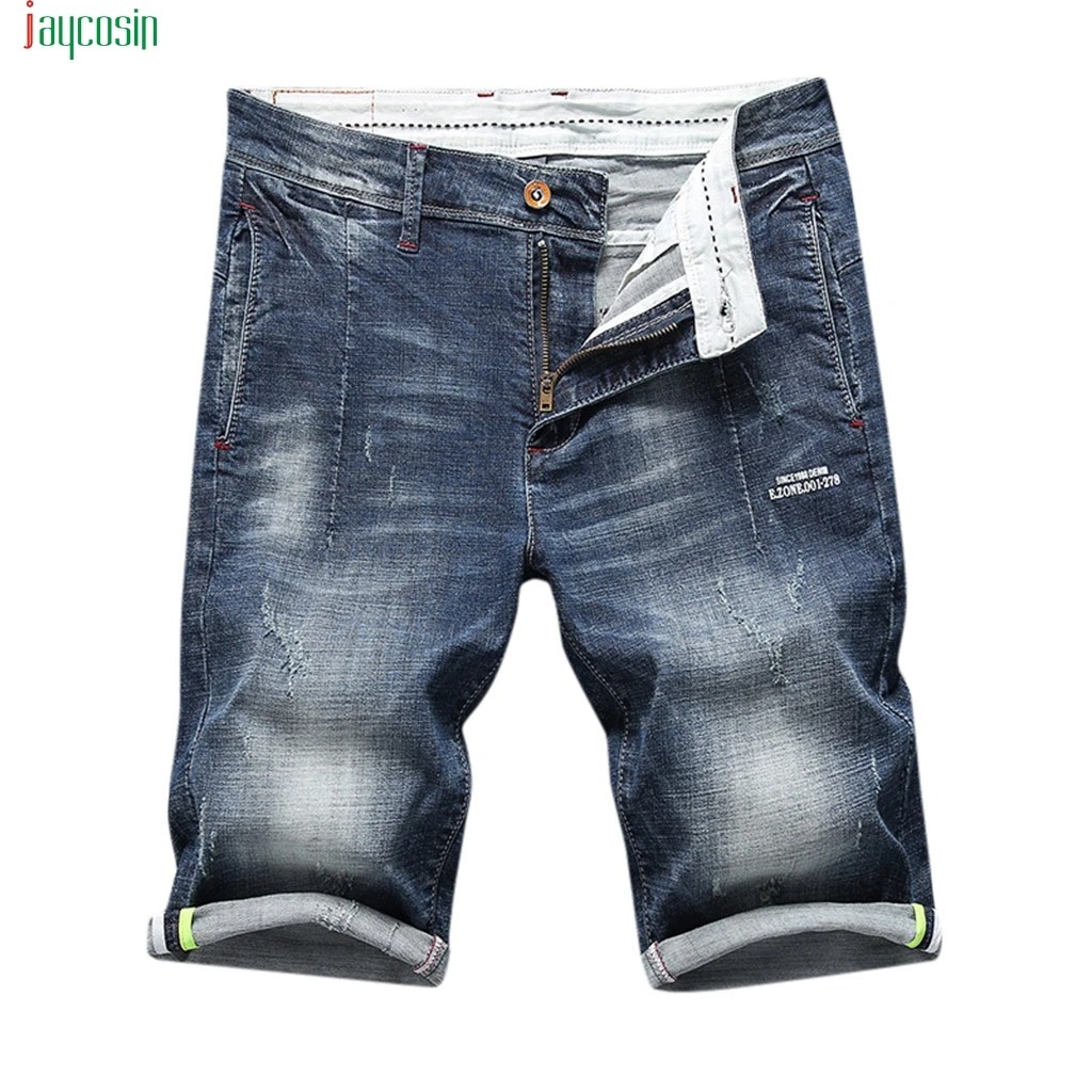 Jaycosin мужские летние спортивные повседневные джинсовые прямые шорты модные однотонные штаны с дырками синие Pantalones De Moda Para Hombre Новые