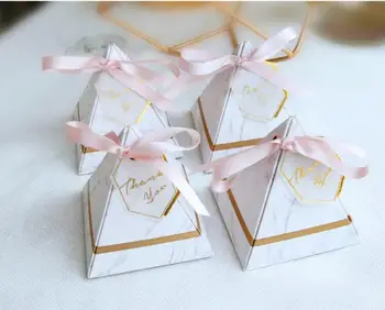 

200PCS fresh pyramid Marble figure paper sweet boxes with ribbon and tag