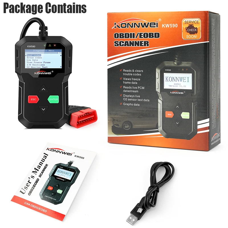 Konnwei KW590 нескольких языков OBD2 сканер коды неисправностей чтения ODB2 автомобиля