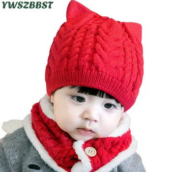 

Autumn Winter Fashion Baby Hats with dog ear Crochet Hat for Girls Boys Knitted Warm Children Cap Scarf Collar Kids Baby Cap