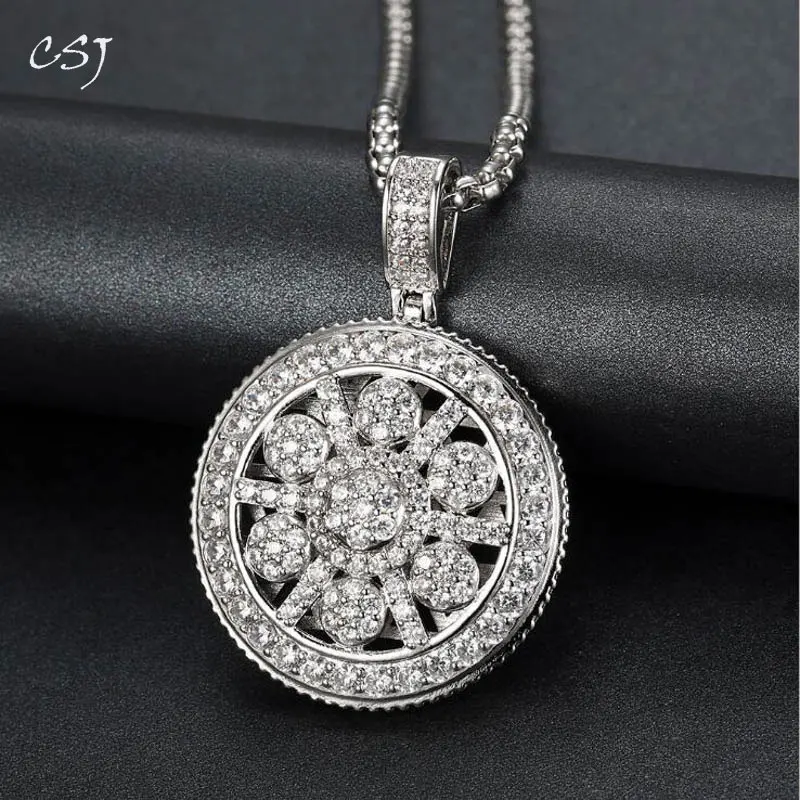 

CSJ Hip Hop Necklace Pendant Bling Iced Out CZ Flower of Life Pendant Gold Silver Color Charm HipHop/Punk Men Jewelry