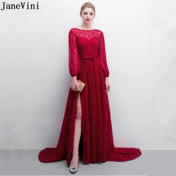 

JaneVini 2019 Luxury Full Pearls Lace Burgundy Long Bridesmaid Dresses Scoop Neck Side Split A Line Sexy Dubai Prom Party Gowns