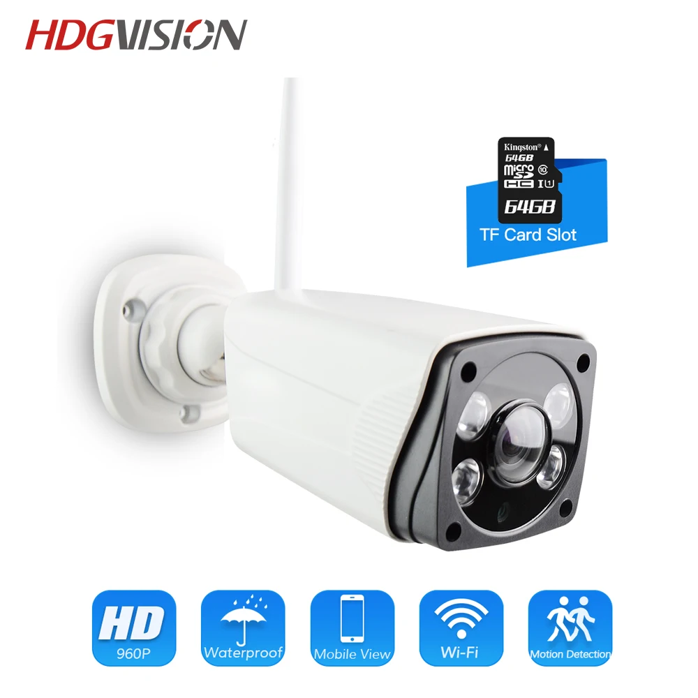 

HDGVISION 720P HD IP Camera WIFI Onvif 2.4 P2P for Smartphone Waterproof Support SD Card 15m IR Outdoor Wifi IP Camera