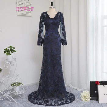 

New Navy Blue Evening Dresses Mermaid V-neck Long Sleeves Appliques Lace Long Evening Gown Prom Dress Prom Gown