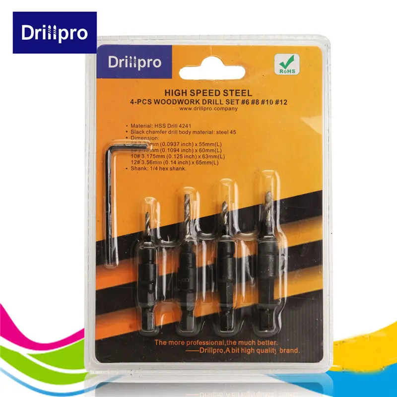 

Drillpro 4pcs HSS Countersink Drill Bit Set Quick Change Hex Shank Screw #6 #8 #10 #12 High Quality