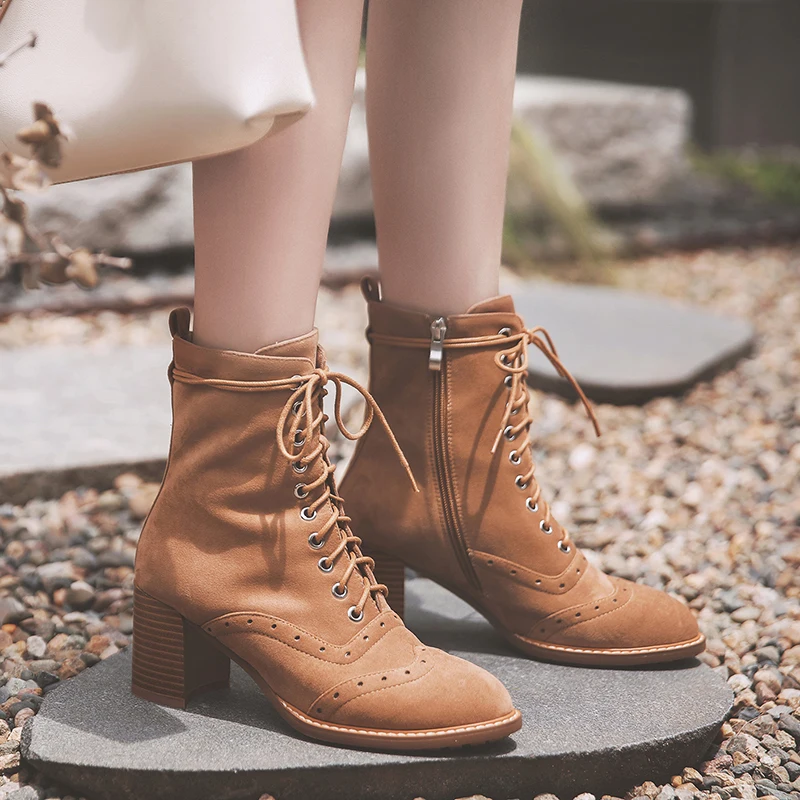 

Lapolaka Brand Kid Suede Leather Retro Brogue Shoes Woman Boots Women Shoes Woman Shoelaces Fashion Shoes Female Ankle Boots