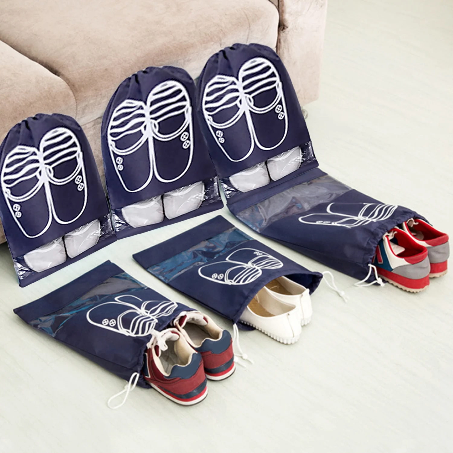 

Behogar 8pcs Travel Portable Foldable Transparent Window Dust-proof Non-woven Fabrics Drawstring Shoe Storage Bag Pouch