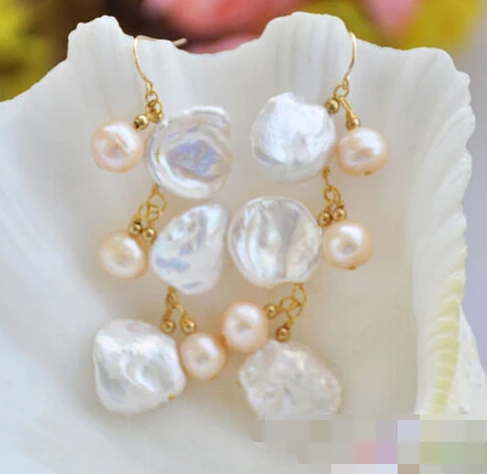 

FREE SHIPPING>>> free shipping 00188 white lamina keshi pearl pink round pearl DANGLE EARRING