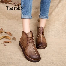 Tastabo HOT SALE Shoes Women Retro Boots Handmade Ankle Boots Flat Boots Real Genuine Leather Shoes Women Shoes Plus Size 42
