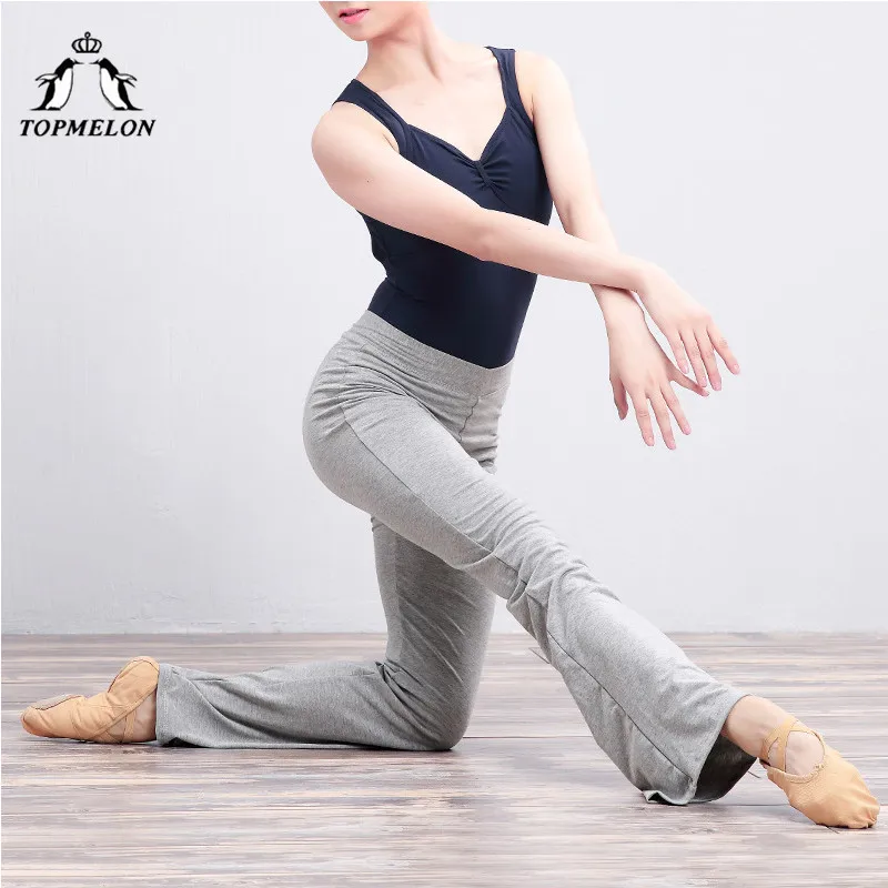 TOPMELON Pants for Ballet Dance Cotton Long Bell Bottom Trousers Women Flexible Stretch Fitness Yoga Dancing Pants Black Grey