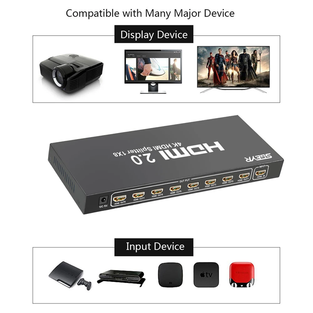 Сплиттер HDMI2.0 с 8 портами 1x8 видеоразветвитель 1 в выходов Поддержка порта HDCP2.2 EDID