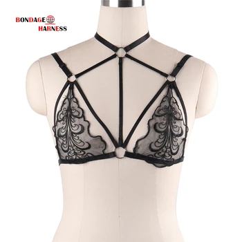 

Women Black Lace Sheer soft Bondage Harnes bra Bralette body Goth Fetish Lingerie Underwear See Through