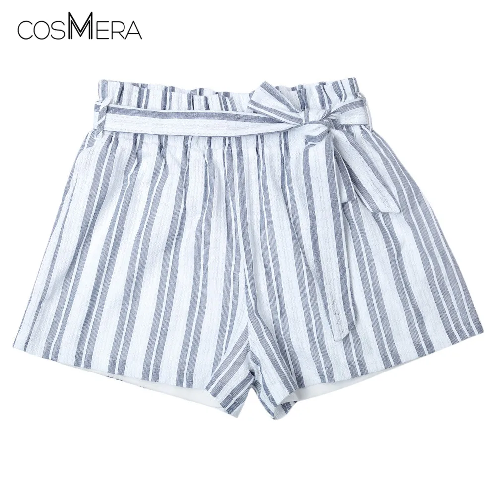 CosMera 2018 Новое поступление, женские мини шорты в полоску с высокой талией, повседневные летние шорты с поясом, свободные шорты