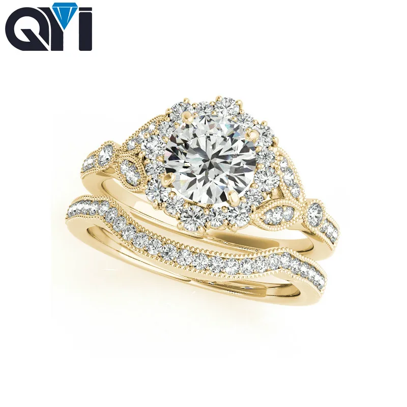 

QYI 925 Sterling Silver White Gold Color Women Engagement Ring Sets 0.5 Carat Sona Round Cut Halo Ring Set Anniversary Gif