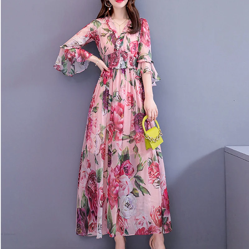 

Bohemian printed chiffon dress summer 2019 spring new folds elastic waist temperament ruffled fashion dress womens le031